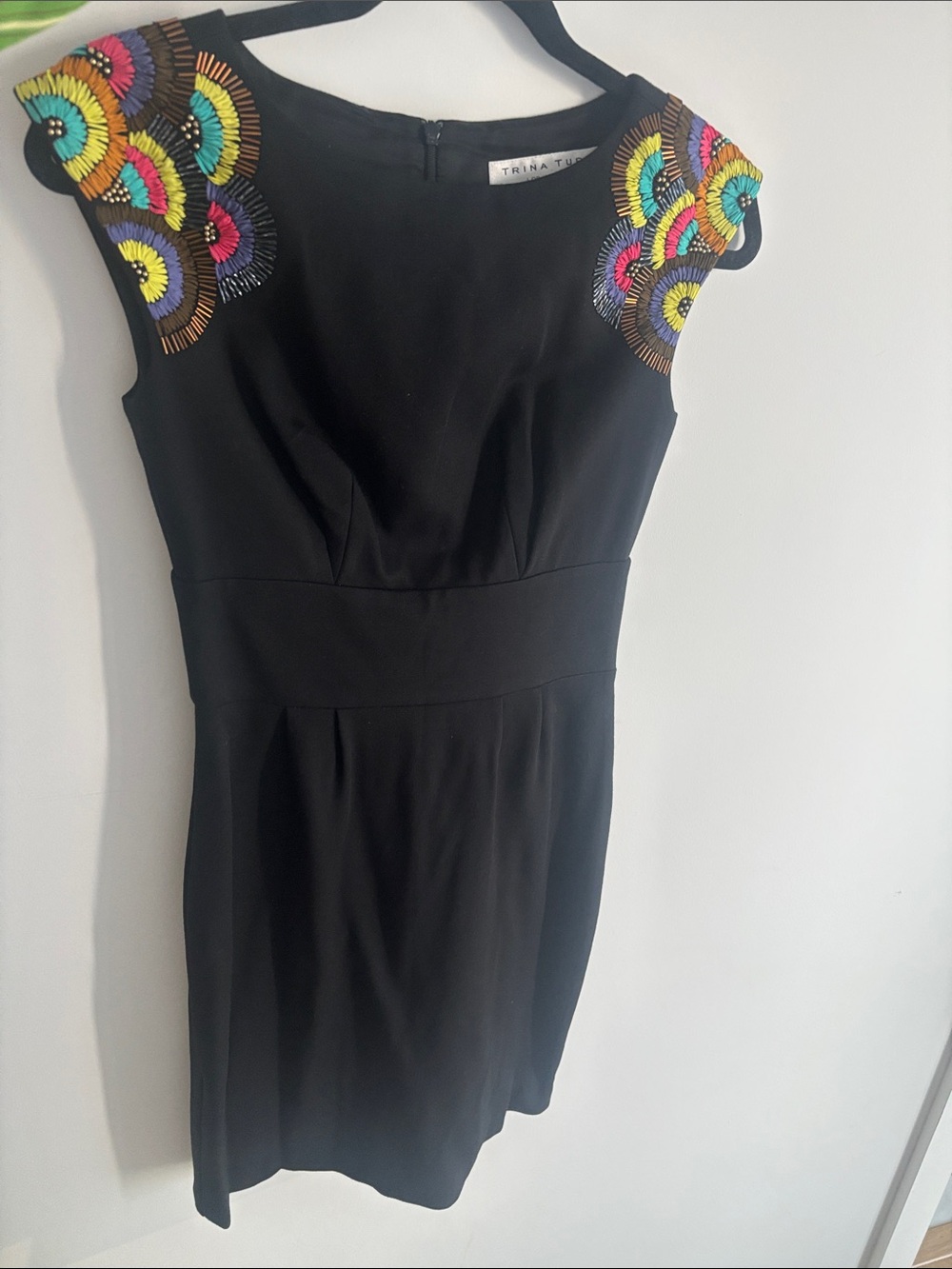 Trina Turk Black Mini Dress with Multicolor Embroidered Shoulders